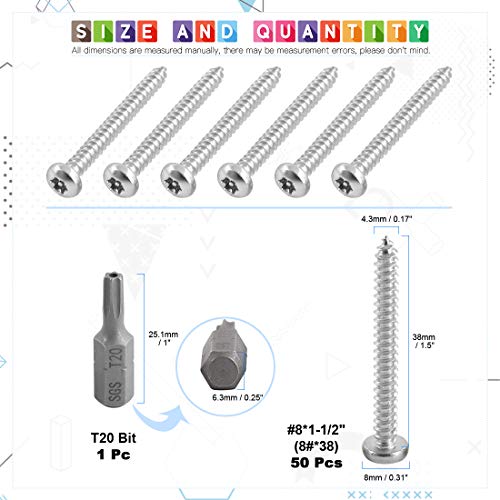 Glarks 51Pcs #8 x 1-1/2'' Button Head Torx Security Sheet Metal Screws Stainless Steel Tamper Resistant Screws Set with T20 Bit (50pcs #8 x 1-1/2'') - size: 50pcs #8 x 1-1/2''