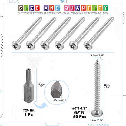 Glarks 51Pcs #8 x 1-1/2'' Button Head Torx Security Sheet Metal Screws Stainless Steel Tamper Resistant Screws Set with T20 Bit (50pcs #8 x 1-1/2'') - size: 50pcs #8 x 1-1/2''