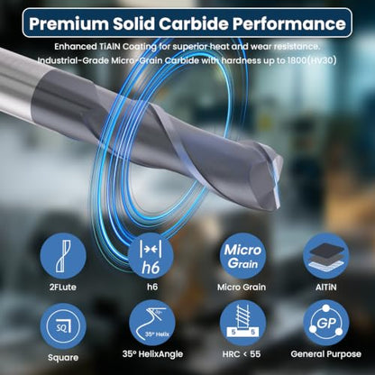 LU&MN Carbide Square End Mill, 2 Flute, 1/4", 5 Piece - size: 1/4 in
