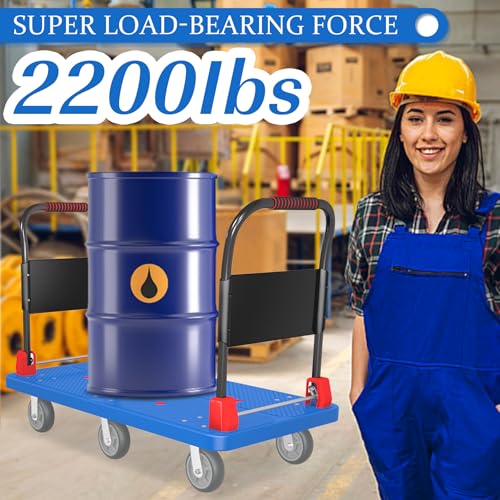 2200 lb Heavy Duty Platform Truck with Dual Handrails & 6 Rubber Wheels - color: Blue-50" Lx27 W