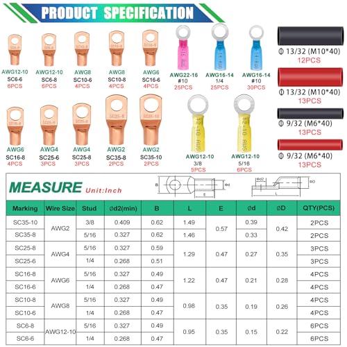 Twidec/180PCS Battery Cable Ends AWG 2 4 6 8 10 12 14 16 Gauge Copper Cable Wire Lugs,Ring Terminals Connectors,Copper Ring Terminals Connectors with Heat Shrink and Hammer Lug Crimper Tool - color: 181PCS
