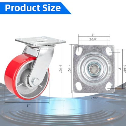 Nefish 5 Inch Industrial Grade Casters Wheels, 2 Pack Heavy Duty Swivel Casters, No Noise Polyurethane Wheel on Steel Hub, 1000 Lbs Load Capacity Per Swivel Casters for Machine, Equipment - size: 5 IN （Swivel）