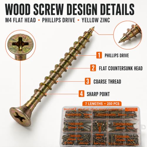 M4 Flat Head Wood Screw Assortment Kit, 250 PCS Wood Screws Assortment, 7 Lengths (16mm, 20mm, 25mm, 30mm, 35mm, 40mm, 50mm), Yellow Zinc Plated Carbon Steel, Clear Organizer Box