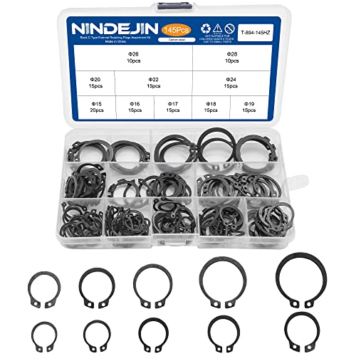 NINDEJIN Snap Ring Shop Assortment, 145PCS External Retaining Rings 15-28mm (0.59''-1.1'') Carbon Steel Snap Retaining C Clip Rings Kit for Grooved Shafts, Studs, and Other Moving Parts - size: 145PCS (15-28mm)
