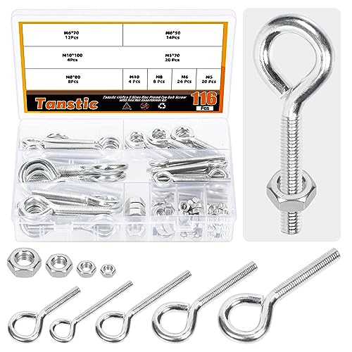 Tanstic 116Pcs Eye Bolt with Nut Assortment Kit, M5 M6 M8 M10 Zinc-Plated Carbon Steel Eye Hooks Screws Bolts with Hex Nuts