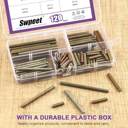 Swpeet 120Pcs 6 Sizes M4 x 16/20/ 30/40/ 50/ 60mm Galvanized Carbon Steel Fully Threaded Rod Assortment Kit, Threaded Rods Bar Studs for Furniture Machinery Assembly - style: M4
