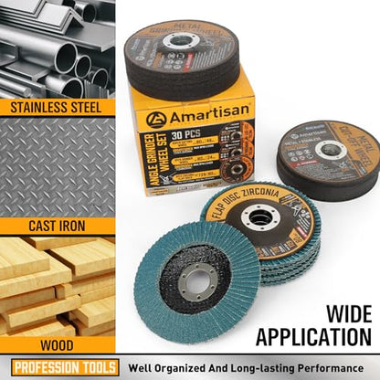AMARTISAN 30-Pack Angle Grinder Wheels & Flap Discs 4-1/2" Inches - 20 Pack 4.5"x1/4"x7/8" Cut off Wheels, 5 Pack 4.5"x7/8" 80 Grit Flap Discs, 5 Pack 4.5"x3/64"x7/8" Grinding Wheels ﻿