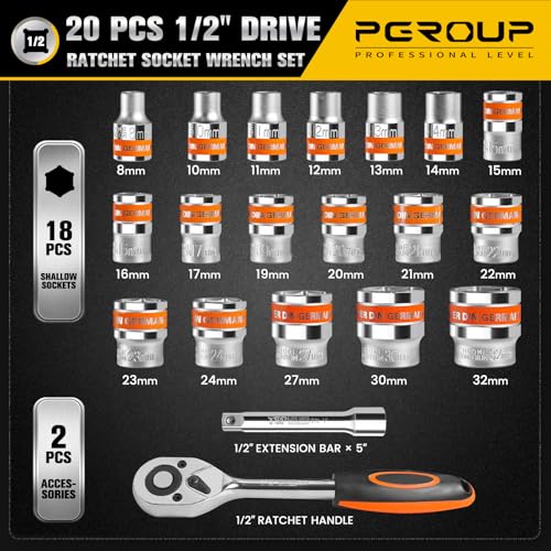 20 PCS 1/2" Drive Metric Socket Wrench Set,1/2 Reversible Ratchet Handle，6 Point Shallow Sockets (8-32mm) and Extension Bar 5", CR-V Steel, Car Repair Set - size: Pro 20p 12.7 Mm Drive (8 - 32 Mm)