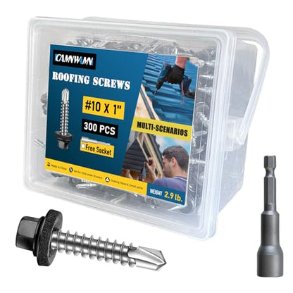 300Pcs #10 x 1 Inch Metal Roofing Screws, Black Hex Head Drill Point Sheet Metal Roof Screw with Rubber Washer, EPDM Washer, with Hex Drive Bit. - color: Black, size: #10 x 1 Inch