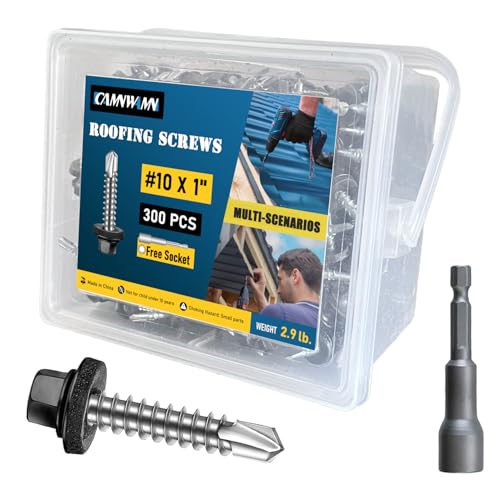 300Pcs #10 x 1 Inch Metal Roofing Screws, Black Hex Head Drill Point Sheet Metal Roof Screw with Rubber Washer, EPDM Washer, with Hex Drive Bit. - color: Black, size: #10 x 1 Inch