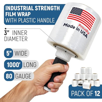 5” x 1000’ Stretch Wrap Mini 12 Rolls with Handle – Clear Plastic Stretch Film 80 Gauge, 500% Elongation, Heavy Duty Shrink Wrap for Moving, Packing & Shipping - style: Pack of 12