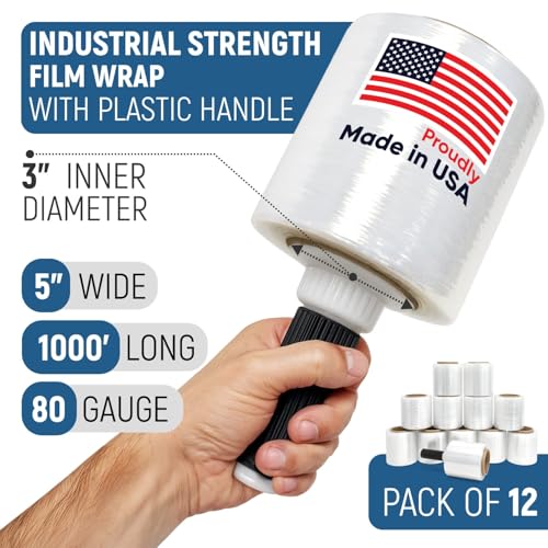 5” x 1000’ Stretch Wrap Mini 12 Rolls with Handle – Clear Plastic Stretch Film 80 Gauge, 500% Elongation, Heavy Duty Shrink Wrap for Moving, Packing & Shipping - style: Pack of 12
