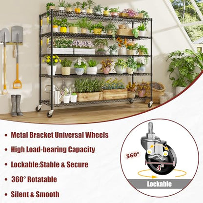 PrimeZone 5 Tier 80.7"H x 55.5"W x 24"D Wire Shelving with Wheels 3000lbs - size: 55.5" W x 24" D x 80.7" H