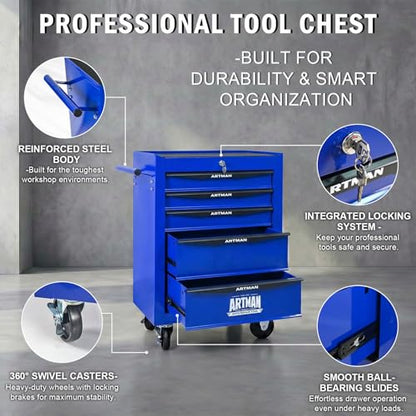 5-Drawer Rolling Tool Chest, Lockable for Garage, Blue - color: Blue, size: 5-Drawers