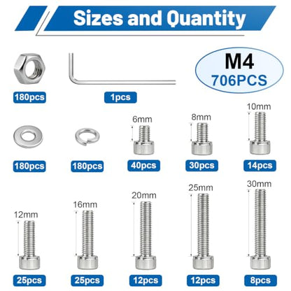 706PCS M4 Socket Screws Nuts Washers Kit, M4x6/8/10/12/16/20/25/30 mm - size: SS M4 706PCS