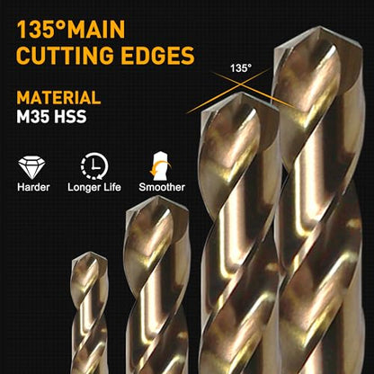 M35 Cobalt Drill Bit Set, 29Pcs High Speed Steel Twist Jobber Length Drill Bit Kit for for Hardened Metal, Stainless Steel, Cast Iron, Wood and Plastics with Index Storage Case, 1/16" - 1/2" - style: 29PCS