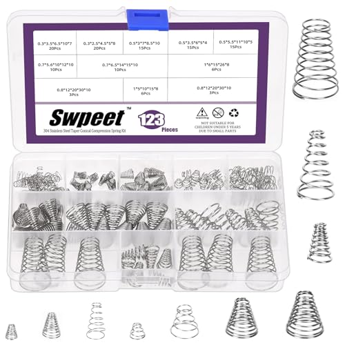 Swpeet 123Pcs 10 Sizes 0.3/0.5/0.7/0.8/1 Stainless Steel Conical Spring Taper Spring Assortment Kit, Metal Tower Springs Conical Springs, Small Compression Springs for Repair - size: N2