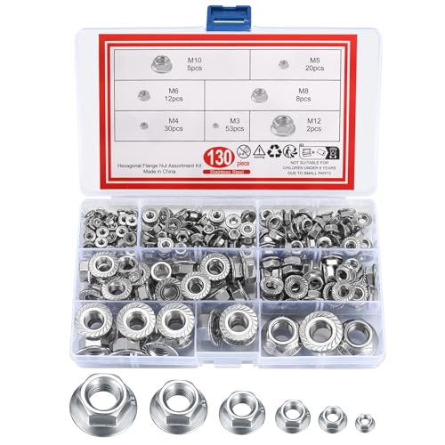 130 Pcs Stainless Steel Serrated Hex Flange Nut Kit - M3 to M12