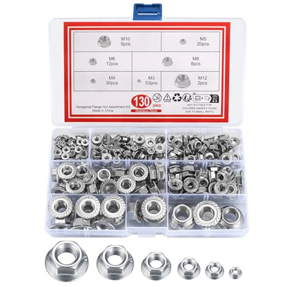130 Pcs Stainless Steel Serrated Hex Flange Nut Kit - M3 to M12