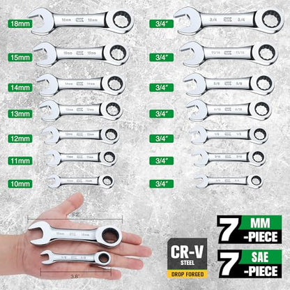 SK Stubby Wrenches Set, Ratchet Wrenches Set, 14-Piece, SAE & Metric - size: Metric & SAE