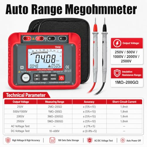Megohmmeter 1000V Megaohm Meter 20GΩ Insulation Tester, AIOMEST Megohmeter - color: red