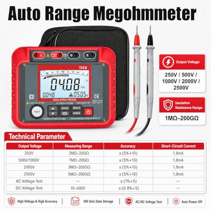 Megohmmeter 1000V Megaohm Meter 20GΩ Insulation Tester, AIOMEST Megohmeter - color: red