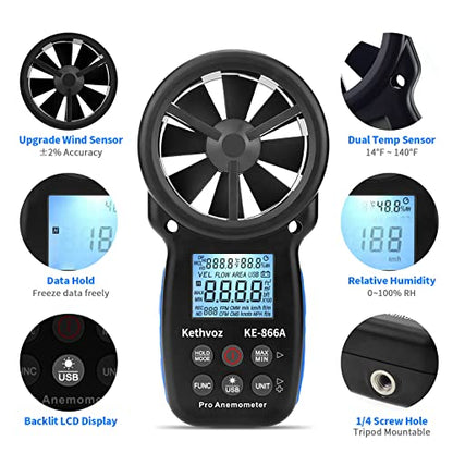 Handheld Anemometer CFM Meter, Kethvoz HVAC Airflow Meter Measure Wind Speed Airflow Monitor Humidity Temperature for Dust Collector AC Air Vent 866A