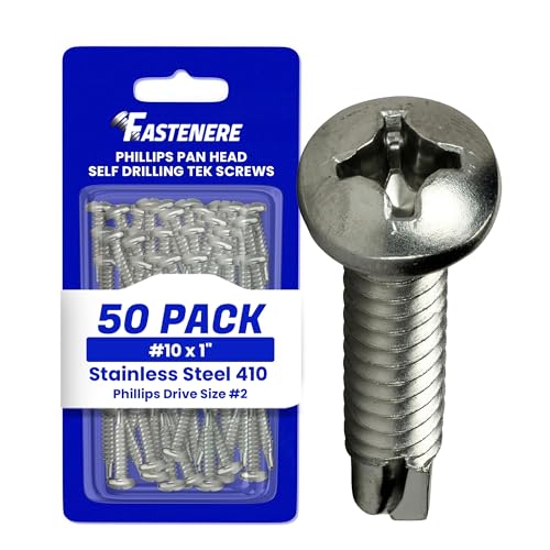 Fastenere Pan Head Self Drilling Tek Screws - #10 x 1 (50 Pack) Stainless Steel 410, Full Thread, Bright Plain Finish, Corrosion-Resistant, Self-Drilling, Easy to Install w/Phillips Drive Size #2 - size: #10 x 1" (50 Pack)