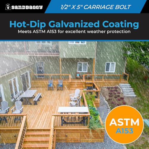 Sandbaggy 1/2” x 5” Galvanized Carriage Bolts for Wood - Round Head - ACQ Approved, Compatible with Pressure Treated Wood (175, 1/2” x 5” (Galvanized))