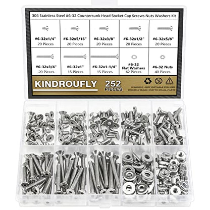 252 Pieces #6-32 x 1/4", 5/16", 3/8", 1/2", 5/8", 3/4", 1", 1-1/4", Countersunk Head Socket Cap Screws Nuts Washers Assortment Kit, 304 Stainless Steel, Fully Machine Thread - size: #6-32, style: Countersunk Head