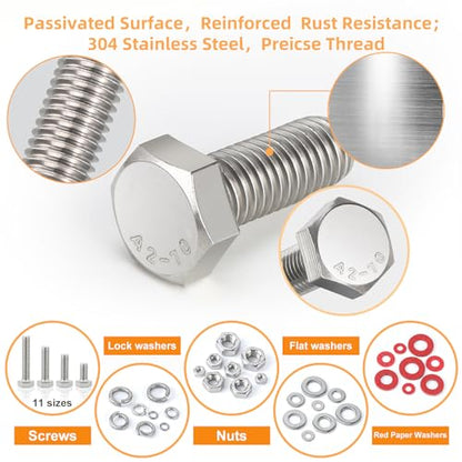 300pcs Hex Bolts and Nuts kit,304 Stainless Steel 1/4-20, 5/16-18,3/8-16 Bolts and Nuts Assortment kit (Lock & Flat Washers), Stainless Bolt Assortment, Stainless Steel Bolts and nut kit - size: 1/4-20, 5/16-18,3/8-16