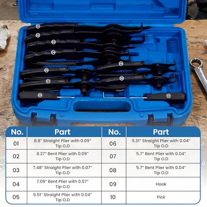 Snap Ring Pliers Set 10 Piece Kit Heavy Duty, Internal External Circlip