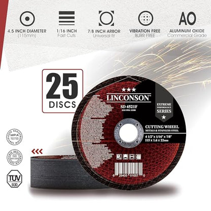 LINCONSON 25 Pack 4.5 Inch Cut Off Wheel for Metal & Stainless Steel Used On Angle Grinder 4.5”x1/16”x7/8" Flat Disc (SD 4521F) - style: 4.5 Inch 25 Pack