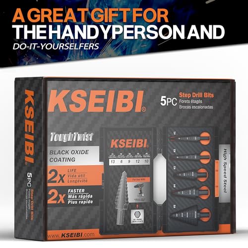 KSEIBI 598240 Industrial Grade Unibit 5-Pieces Step Drill Bits Set 3-Flat Shank, High-Speed Steel Metal Drill Bits Kit Black Oxide M2 for Drilling Stainless Steel, Aluminium, Wood - size: #1-#5 (1/8-1 3/8 inch)