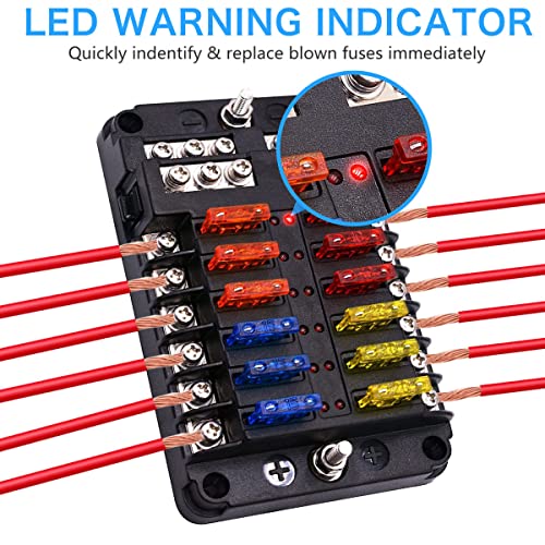 12 Way 12V Fuse Box 12Volt Blade Fuse Block, 12 Circuit W/Negative Bus Waterproof Fuse Box with LED Indicator for 12V/24V Automotive Golf Cart Truck Car Boat Marine RV Van Vehicle - style: 12 Way