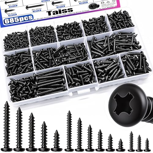 Taiss 685PCS M2 M3 M4 Phillips Pan Head Self Tapping Wood Screws Assortment Kit,14 Sizes Self Tapping Screws for Plastic,Cross Recessed Carbon Steel Black Screws for Wood,Plastic - size: 685PCS