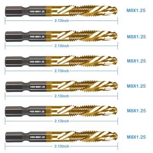 DKIBBITH 6-pc Metric M8 Combination Drill Tap Bit Set, M8*1.25 Thread Size, Titanium Coated High-Speed Steel, Ideal for Drilling and Threading in Soft Metal Wood and Plastic,1/4" Hex Shank - size: M8x1.25