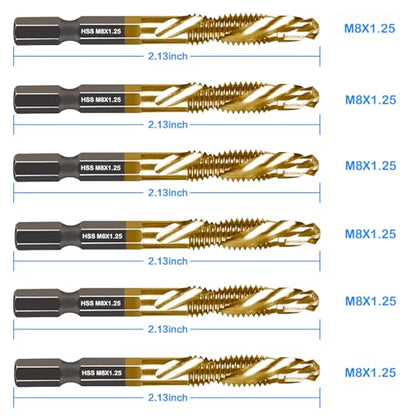 DKIBBITH 6-pc Metric M8 Combination Drill Tap Bit Set, M8*1.25 Thread Size, Titanium Coated High-Speed Steel, Ideal for Drilling and Threading in Soft Metal Wood and Plastic,1/4" Hex Shank - size: M8x1.25