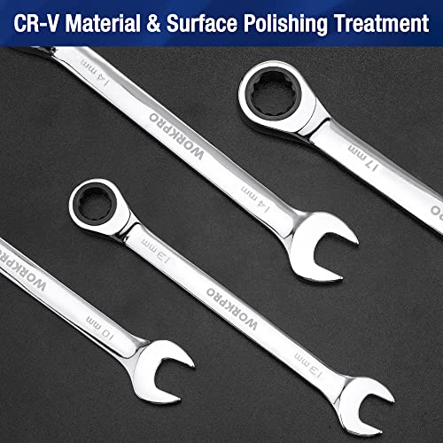 WORKPRO 22 PCS Ratchet Combination Wrench Set with Tool Box, Mirror Polish - style: Regular & Polished