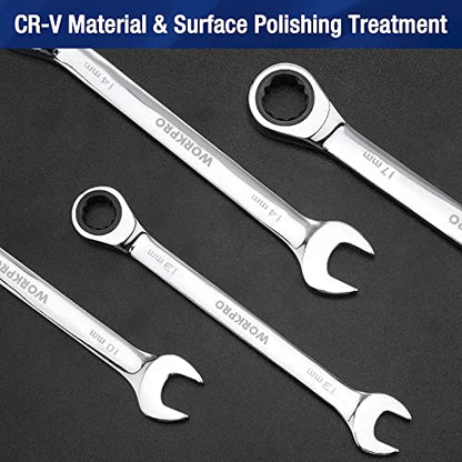 WORKPRO 22 PCS Ratchet Combination Wrench Set with Tool Box, Mirror Polish - style: Regular & Polished