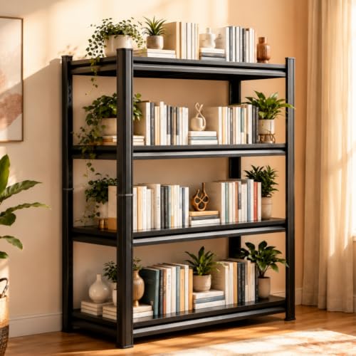 4-Tier Metal Bookshelf, 45.5" W Industrial Tall Display Bookcase, 1200LBS Modern Black Book Shelf, Adjustable Bolt-Free Storage Shelves for Living Room, Bedroom, Kitchen, 63" H - size: 4-Tier 45.5"W x16"D x63"H