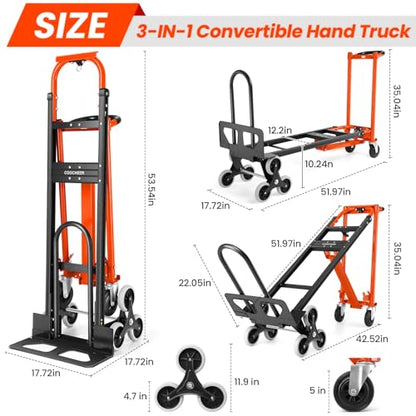 1000LBS Heavy Duty Convertible Hand Truck, 3 in 1 Aluminum Stair Climbing Dolly, Folding Hand Truck Dolly Cart with Solid Wheels for Moving/Travel/Office (Orange) - color: Orange