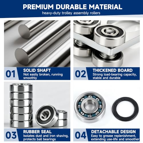 4Wheel Trolley Assembly Rollers.Bearing Trolley Assembly.The top of the Trolley has Room for Set Screws, Allowing the use of a 1-5/8" high Strut Channel - style: A-4Wheel Trolley 4pcs
