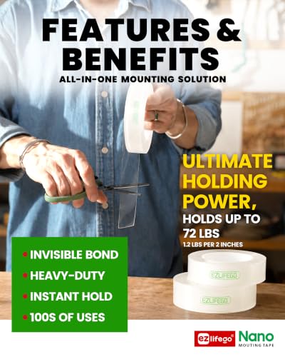 EZlifego Heavy Duty Invisible Bond Nano Double Sided Mounting Tape, 9.85FT - size: 9.85 Feet