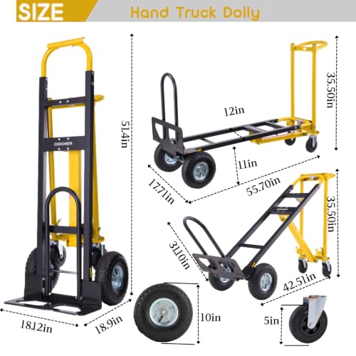 4 in 1 Convertible Hand Truck Dolly, 1000Lb Heavy Duty Folding Hand Truck Dolly Cart with Wheels 10" All-Terrain Tires, Hand Cart for Moving/Warehouse/Outdoor/Logistics/Shopping/Home/Office（Yellow - color: Yellow-2