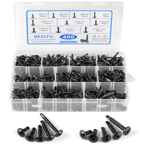 Besitu 400PCS Self Tapping Screws, 410 Stainless Steel Self Drilling #8#10 Black Oxide Sheet Metal Screw, Length 1/2" to 1-1/4'', Truss Head Wood Screws Assortment for Metal, Plastic and RV - color: Black