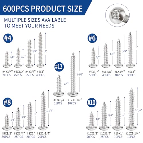 600 PCS 304 Stainless Steel Wood Screws Assortment Kit,Assorted Sheet Metal Screws #4/#6/#8/#10/#12 Phillips Pan Head Self-Tapping Screws Set,Assorted Wood Screws, Length 3/8" to 1-1/2" (Silver) - color: Silver