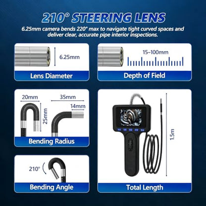 2-Way Articulating Borescope,2.8" IPS 1.5M IP67 Inspection Camera - color: 2-Way/6.25mm, size: 2.8''
