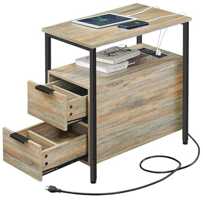 VASAGLE Side End Table with Charging Station, Slim Nightstand with Storage - color: Turquoise Brown + Ink Black, size: 23.6"D x 13.8"W