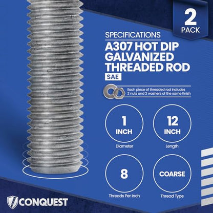 Conquest A307 Hot Dip Galvanized Threaded Rod 1"-8 x 12 - size: 1"-8 x 1'